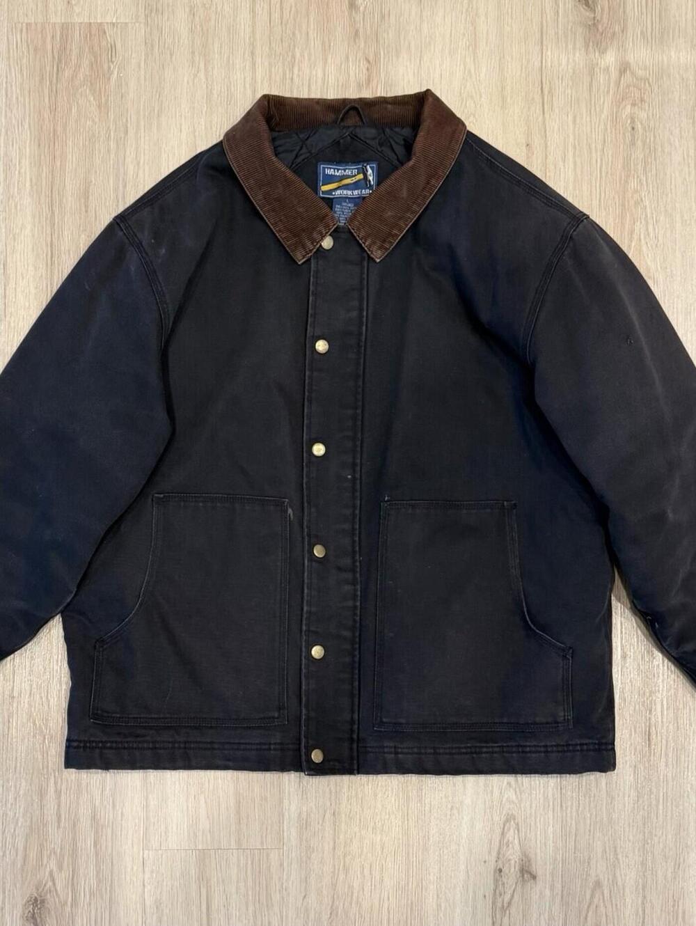 VTG Detroit Arctic Corduroy Collar Black Faded Jacket Size Large Honeycomb Chore